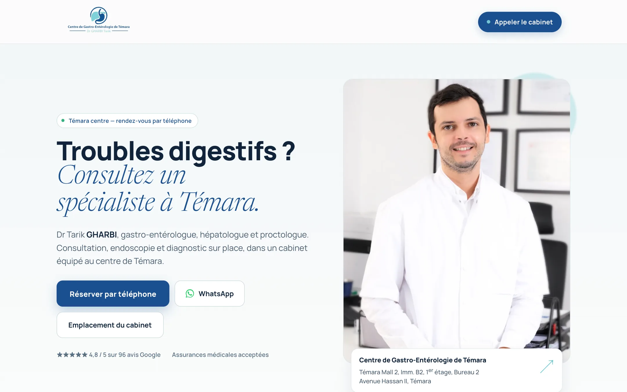 Campaign landing page of the Témara gastroenterology centre: headline about digestive issues, portrait of the doctor, call and WhatsApp buttons