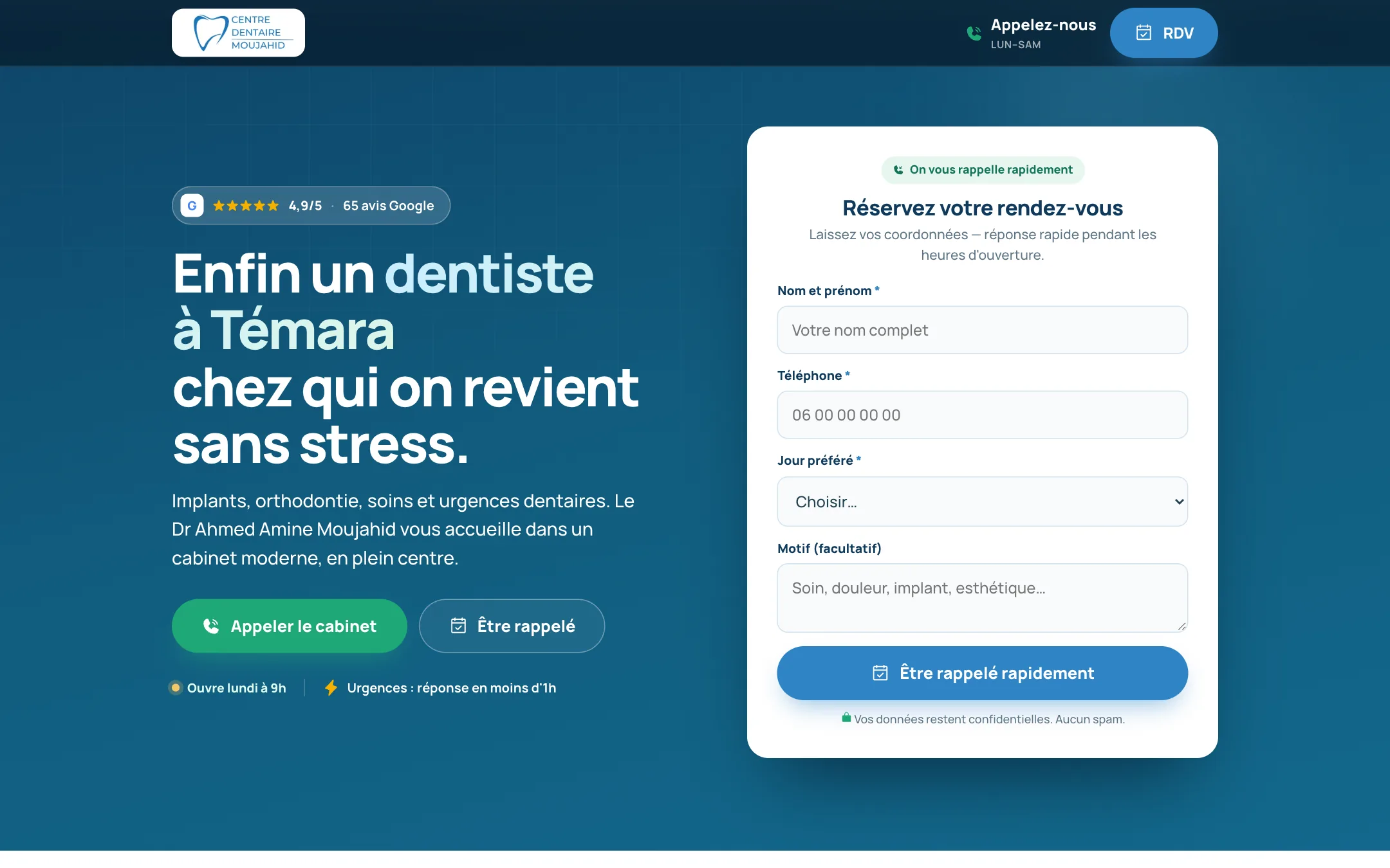 Campaign landing page of Centre dentaire Moujahid: headline about a stress-free dentist in Témara and a booking form