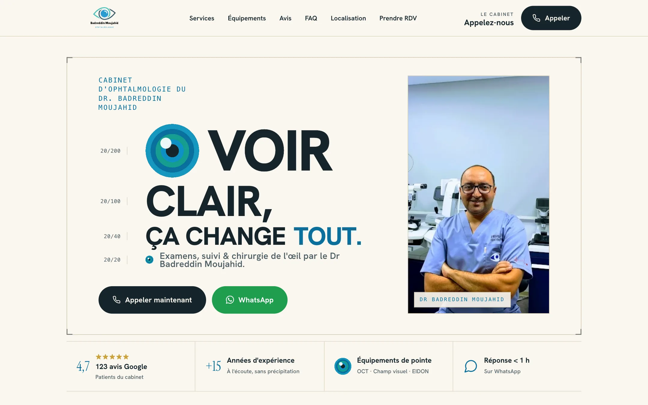 Campaign landing page of Dr Badreddin Moujahid, ophthalmologist in Rabat, with his portrait